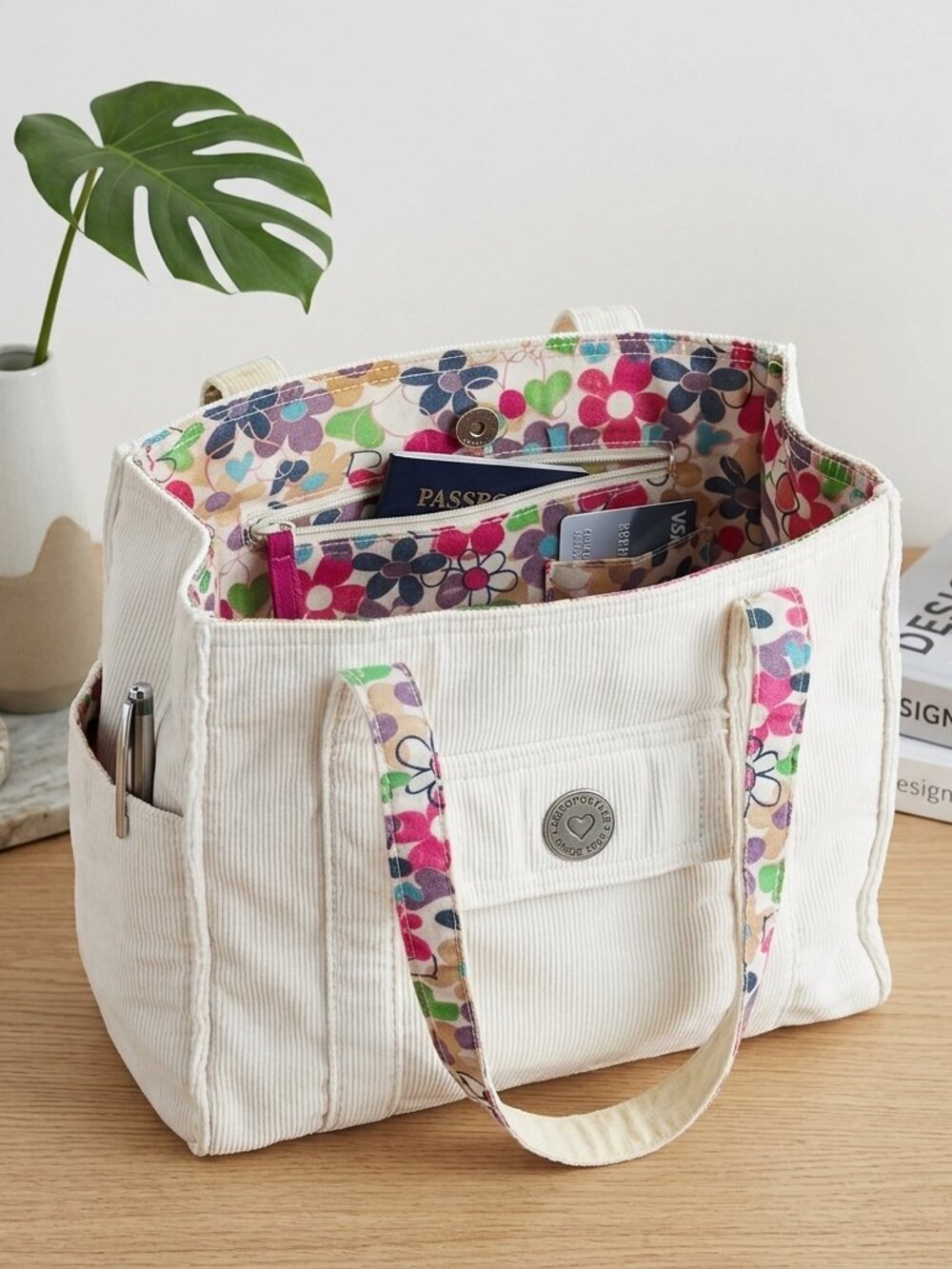 NWOT Aeropostale Handbag Tote Corduroy Pockets White Floral Cloth Interior Fairy